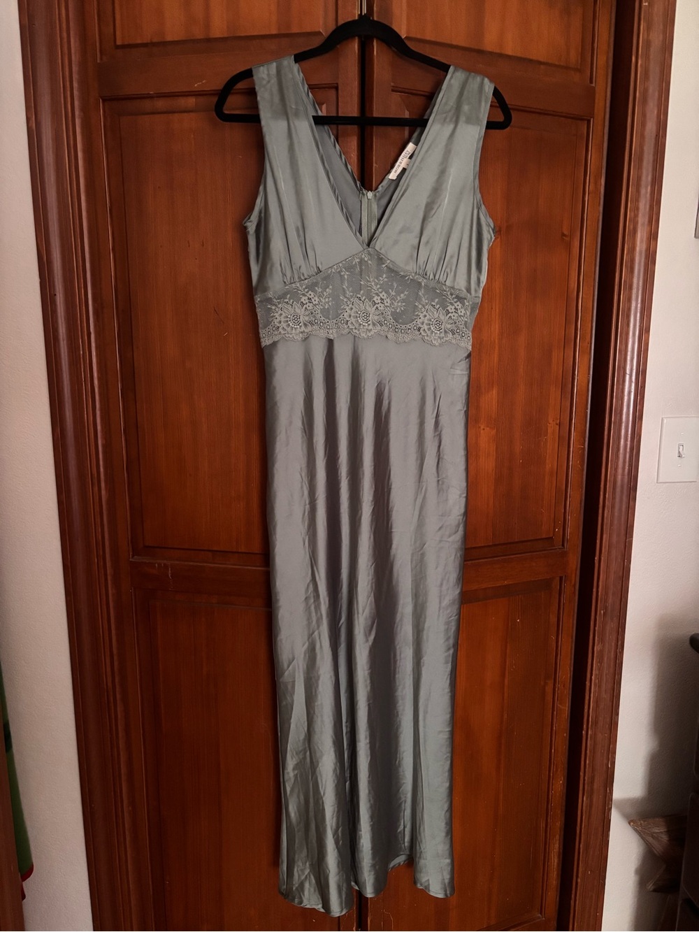 90s/ 2000s style Silk-Blend Lace Trim Slip Dress in Dusty Grey/ Blue